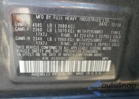 2011 Subaru Outback 2.5I Premium from USA, damaged, VIN 4S4BRBCC4B3377962